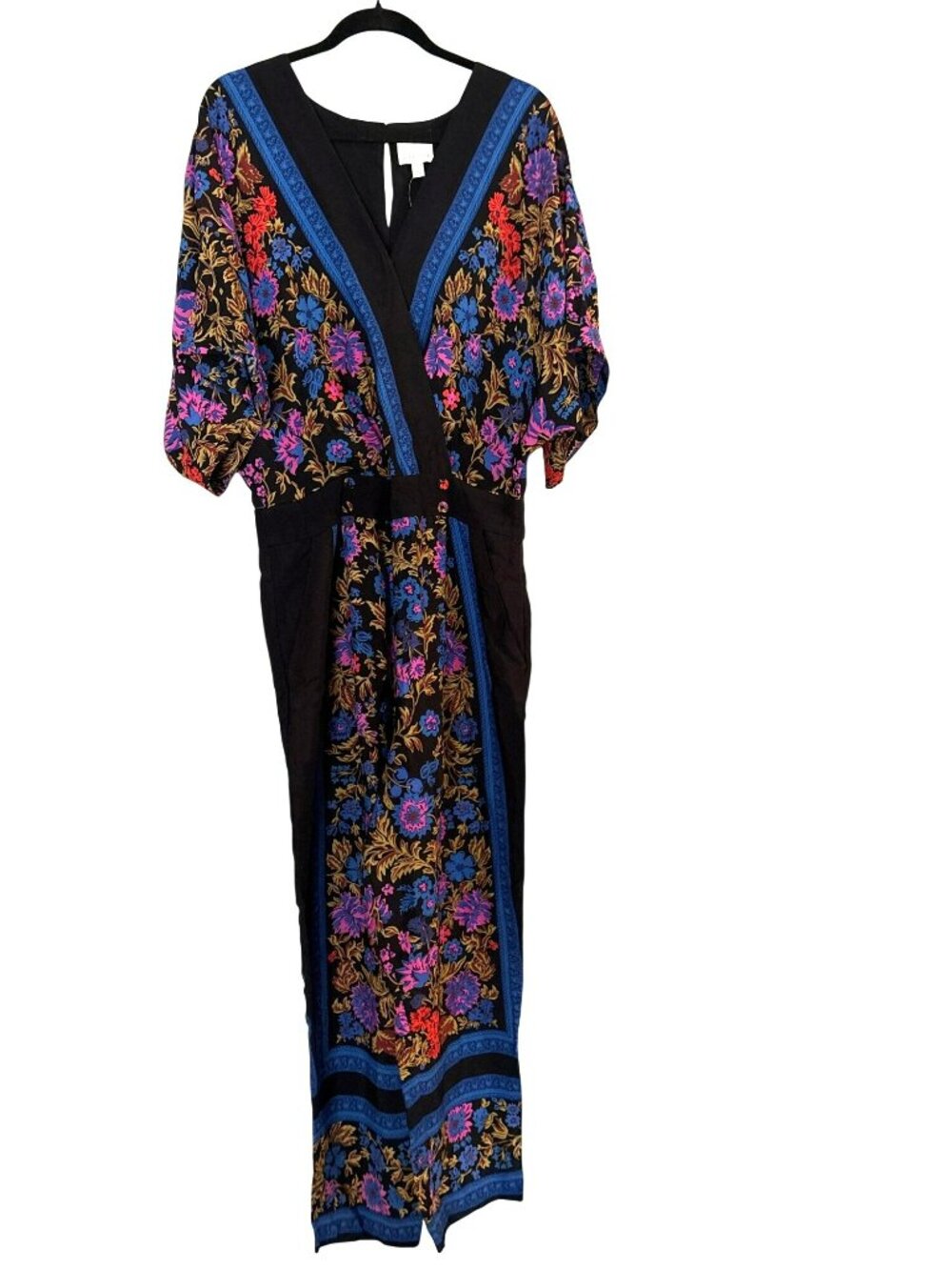 Anthropologie Black Floral Embroidered Ankle Jumpsuit with Blue Trim